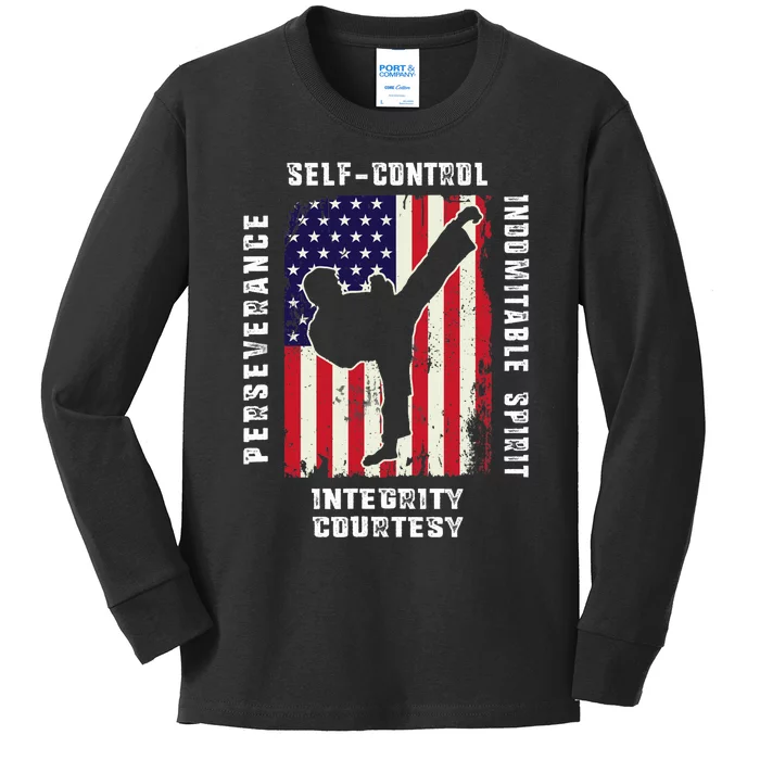 Cool American Flag Taekwondo Gift | Tae Kwon Do Martial Arts Kids Long Sleeve Shirt