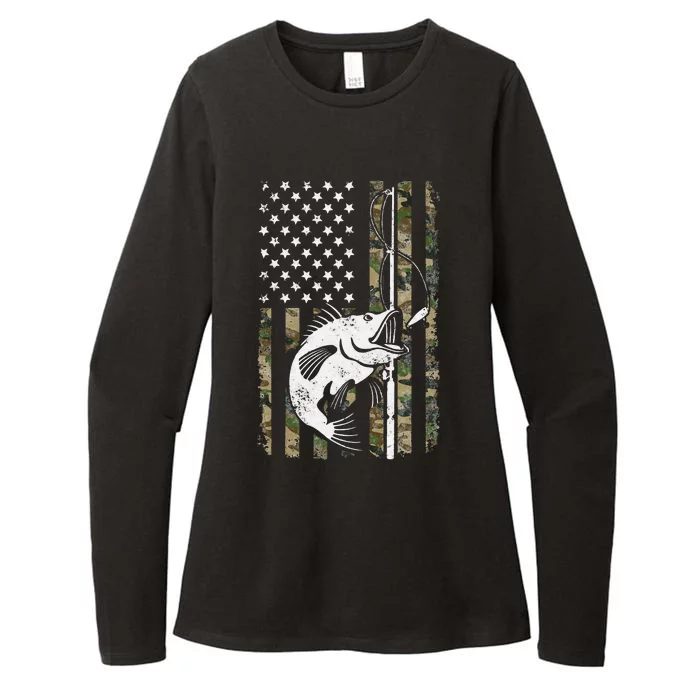 Camouflage American Flag Bass Fishing Gift Fisherman Womens CVC Long Sleeve Shirt