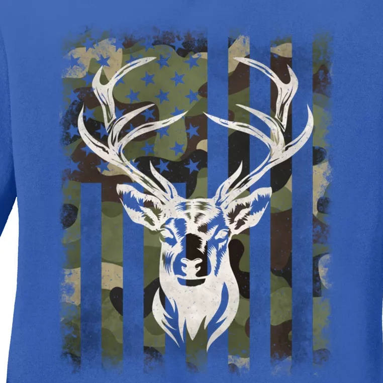 Camouflage American Flag Whitetail Buck Deer Hunting Hunter Gift Ladies Long Sleeve Shirt