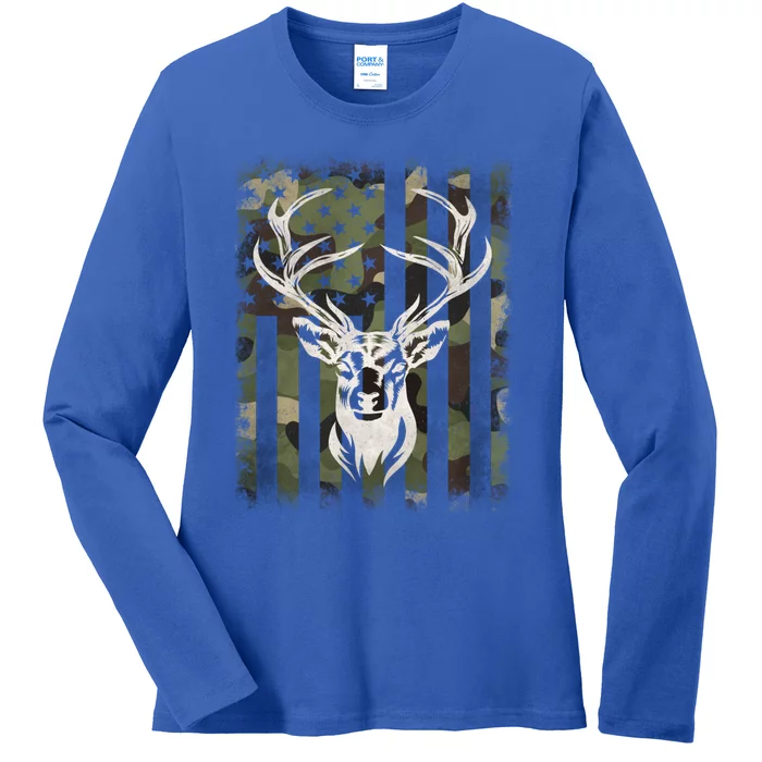 Camouflage American Flag Whitetail Buck Deer Hunting Hunter Gift Ladies Long Sleeve Shirt