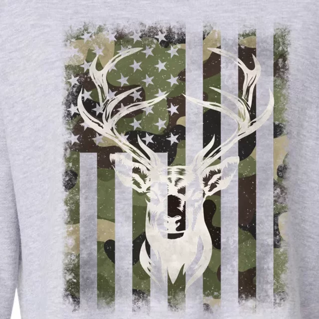 Camouflage American Flag Whitetail Buck Deer Hunting Hunter Gift Cropped Pullover Crew