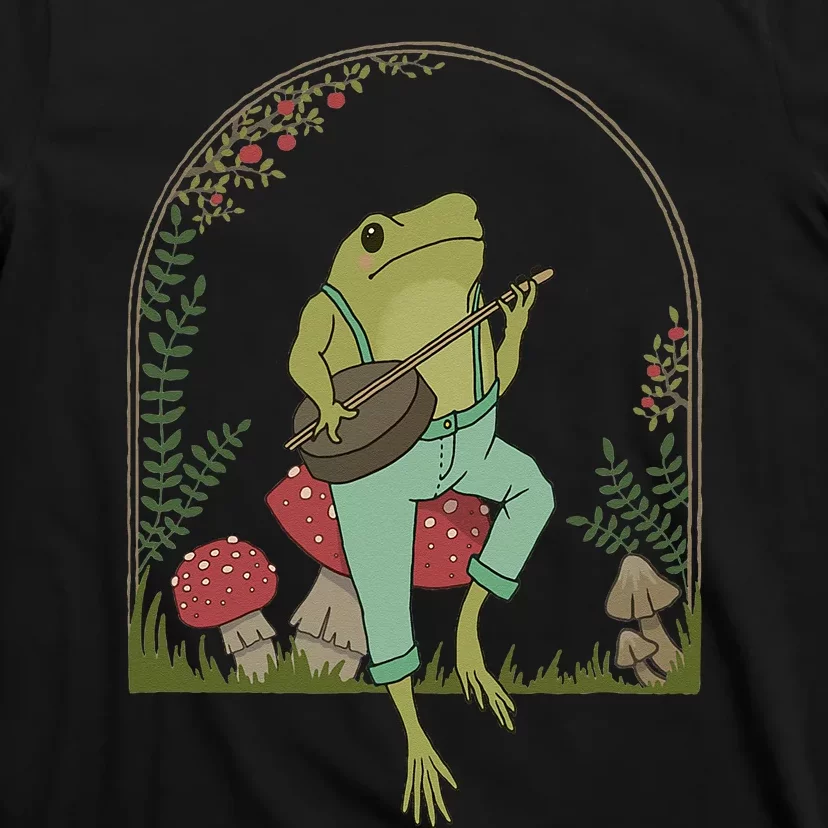 Cottagecore Aesthetic Frog Playing Banjo On Mushroom Cute T-Shirt