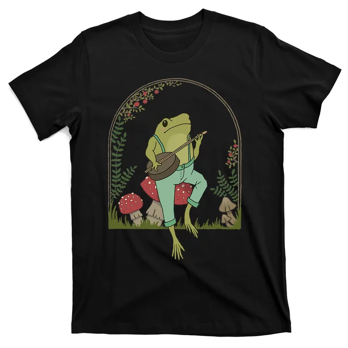 Cottagecore Aesthetic Frog Playing Banjo On Mushroom Cute T-Shirt