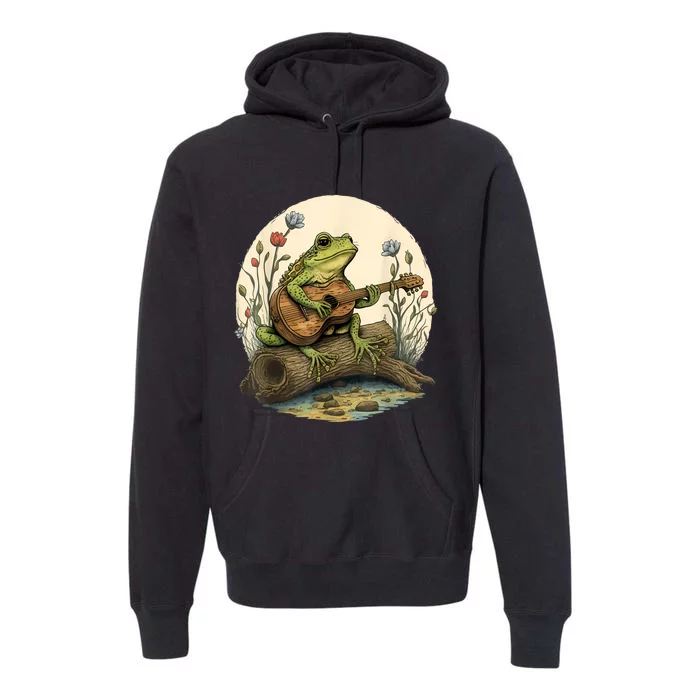 Cottagecore Aesthetic Frog Playing Banjo On Mushroom Premium Hoodie