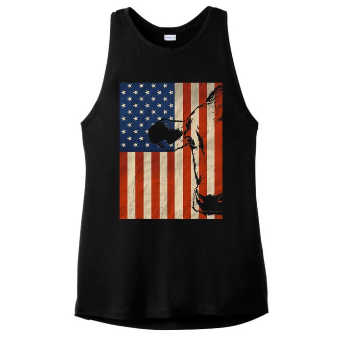 Cow American Flag Cattle Animal Lover Patriotic Gift Ladies Tri-Blend Wicking Tank