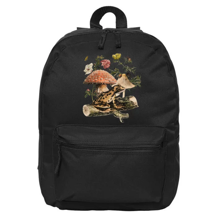 Cottagecore Aesthetic Frog Under Toadstool & Vintage Flowers 16 in Basic Backpack