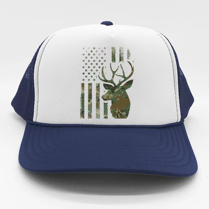 Camo American Flag Buck Hunting Gift For Elk Deer Hunter Gift Trucker Hat