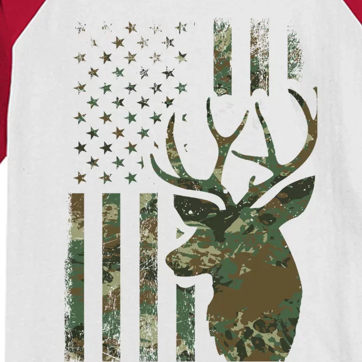 Camo American Flag Buck Hunting Gift For Elk Deer Hunter Gift Kids Colorblock Raglan Jersey