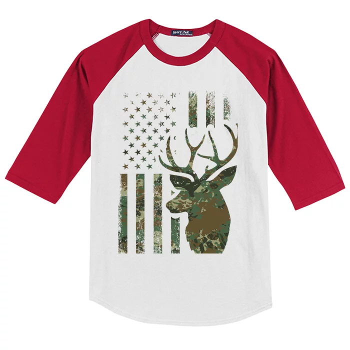 Camo American Flag Buck Hunting Gift For Elk Deer Hunter Gift Kids Colorblock Raglan Jersey