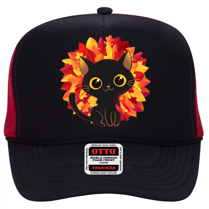 Cute Autumn Fall Black Cat High Crown Mesh Trucker Hat