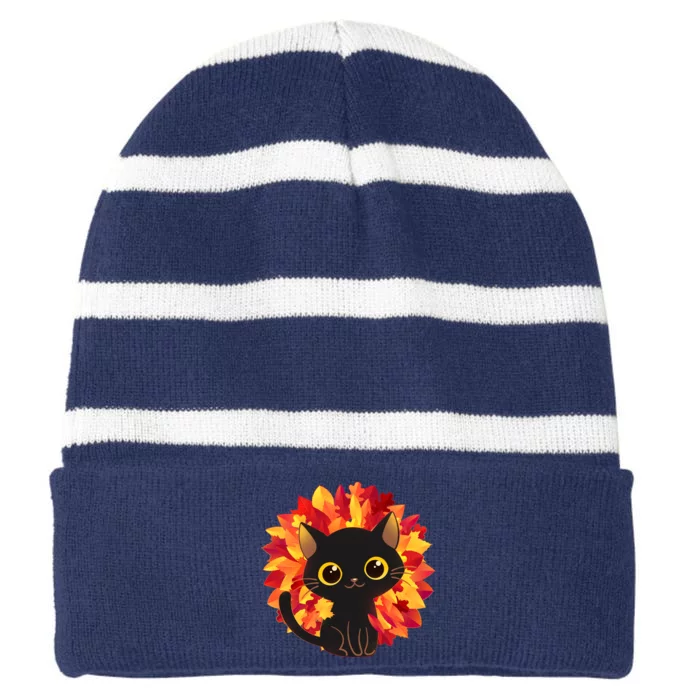 Cute Autumn Fall Black Cat Striped Beanie with Solid Band