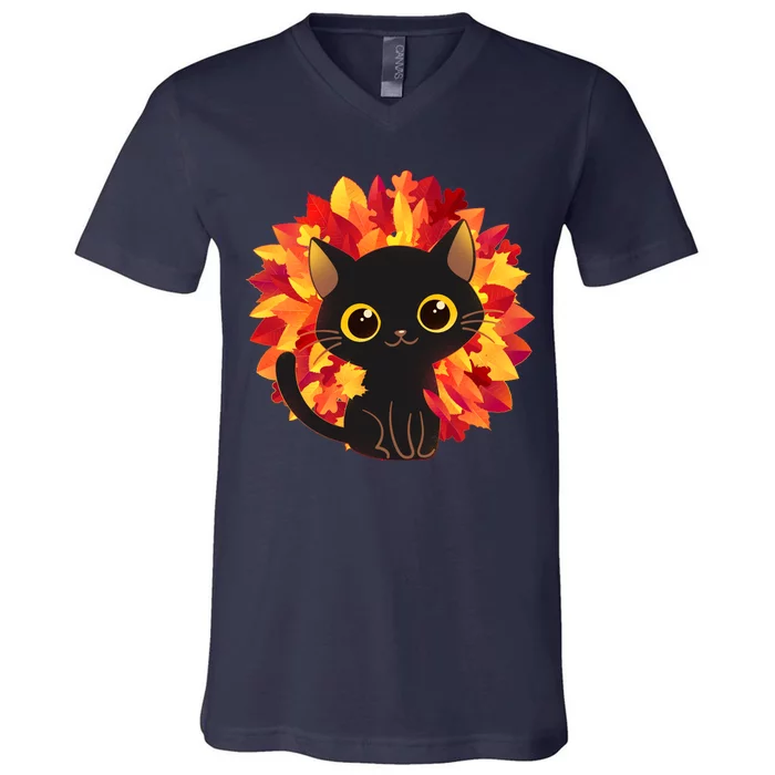 Cute Autumn Fall Black Cat V-Neck T-Shirt