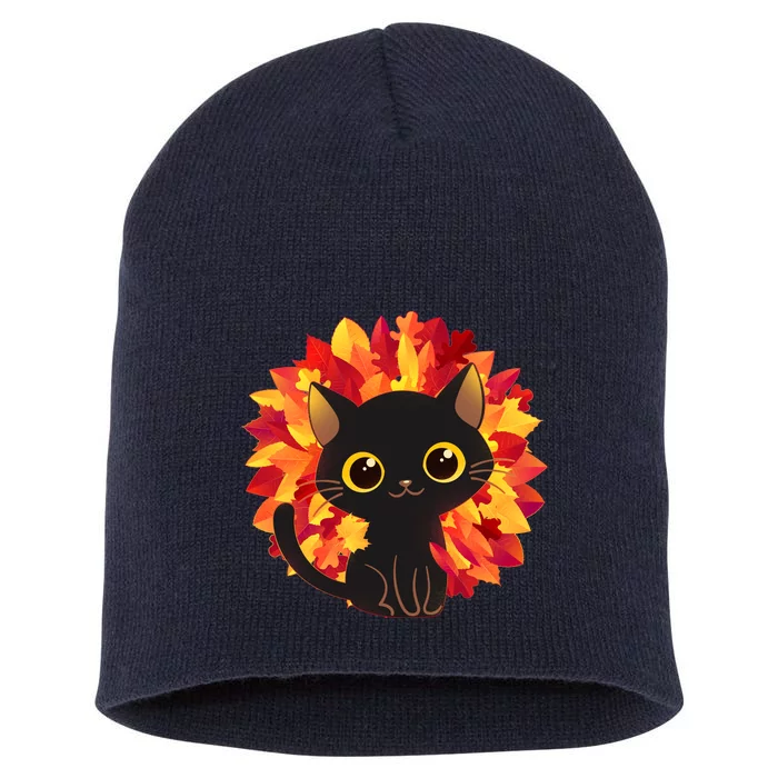 Cute Autumn Fall Black Cat Short Acrylic Beanie