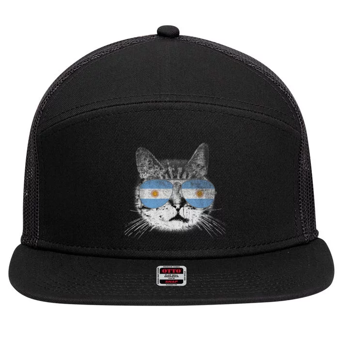 Cat Argentina Flag Country Retro Funny Gift 7 Panel Mesh Trucker Snapback Hat