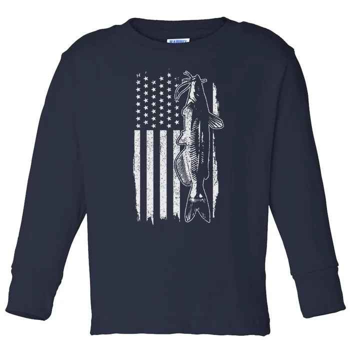 Catfish American Flag Patriotic Catfishing Fishing Gift Toddler Long Sleeve Shirt