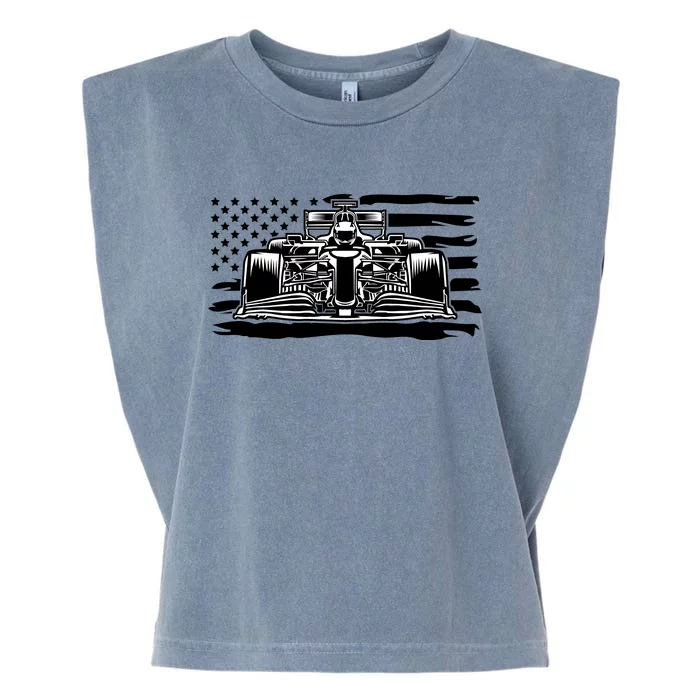 Cool American F1 Race Car With Flag Garment-Dyed Women's Muscle Tee