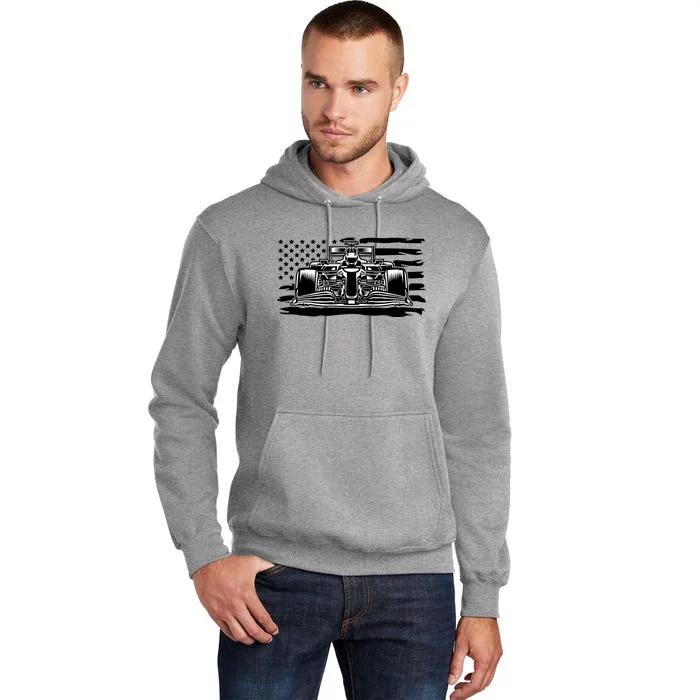 Cool American F1 Race Car With Flag Tall Hoodie