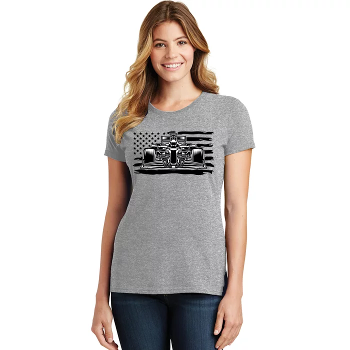 Cool American F1 Race Car With Flag Women's T-Shirt