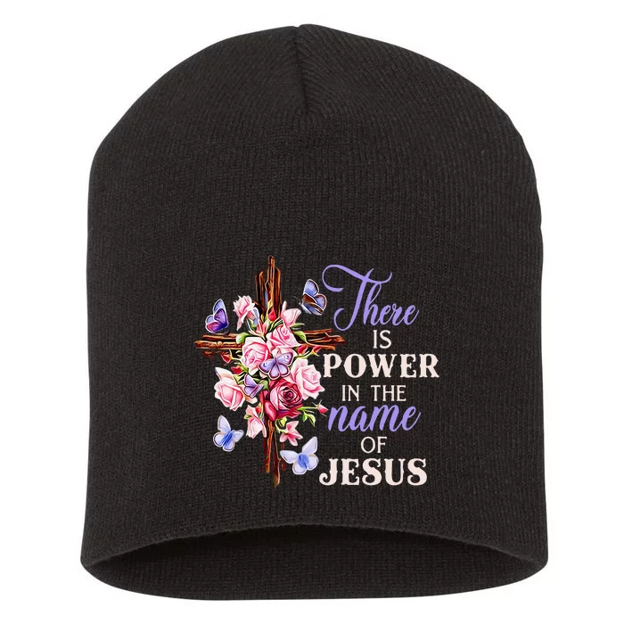 Cross And Flower There Is Power In The Name Of Jesus Christ Short Acrylic Beanie