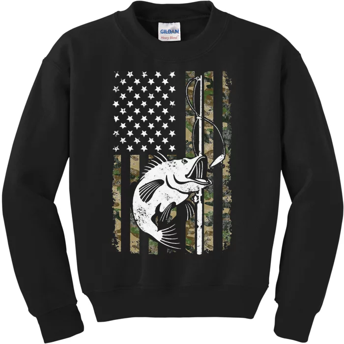 Camouflage American Flag Bass Fishing Gift Fisherman Kids Sweatshirt