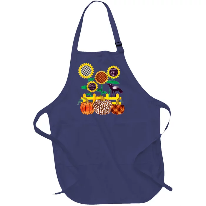 Cute Autumn Fall Patterns Raven Crow Sunflowers Pumpkins Full-Length Apron With Pocket