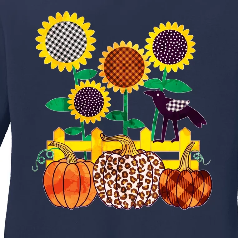 Cute Autumn Fall Patterns Raven Crow Sunflowers Pumpkins Ladies Long Sleeve Shirt