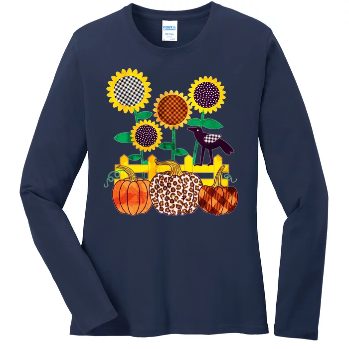 Cute Autumn Fall Patterns Raven Crow Sunflowers Pumpkins Ladies Long Sleeve Shirt