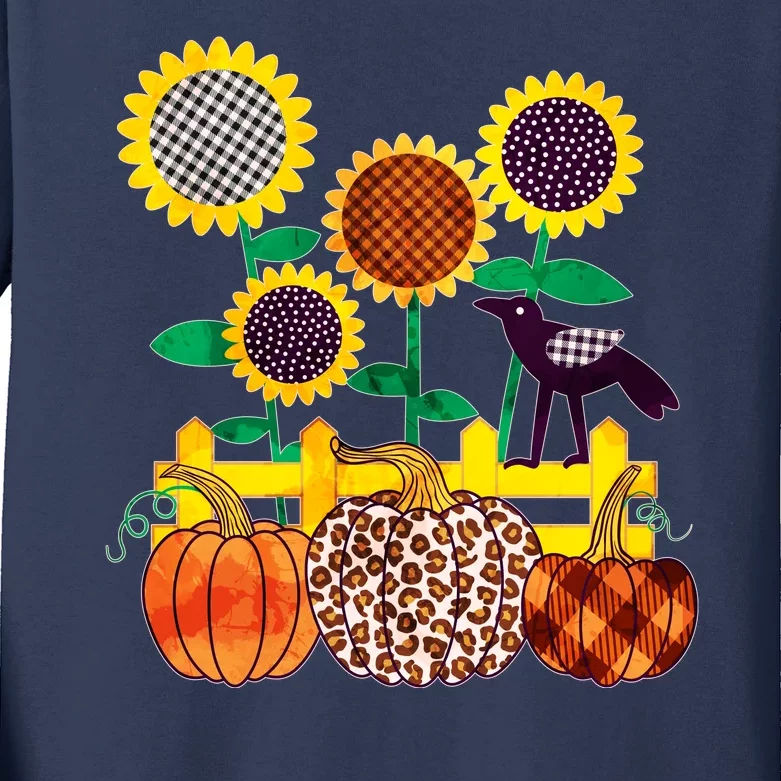 Cute Autumn Fall Patterns Raven Crow Sunflowers Pumpkins Kids Long Sleeve Shirt