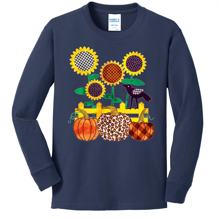 Cute Autumn Fall Patterns Raven Crow Sunflowers Pumpkins Kids Long Sleeve Shirt