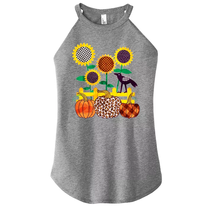 Cute Autumn Fall Patterns Raven Crow Sunflowers Pumpkins Women’s Perfect Tri Rocker Tank