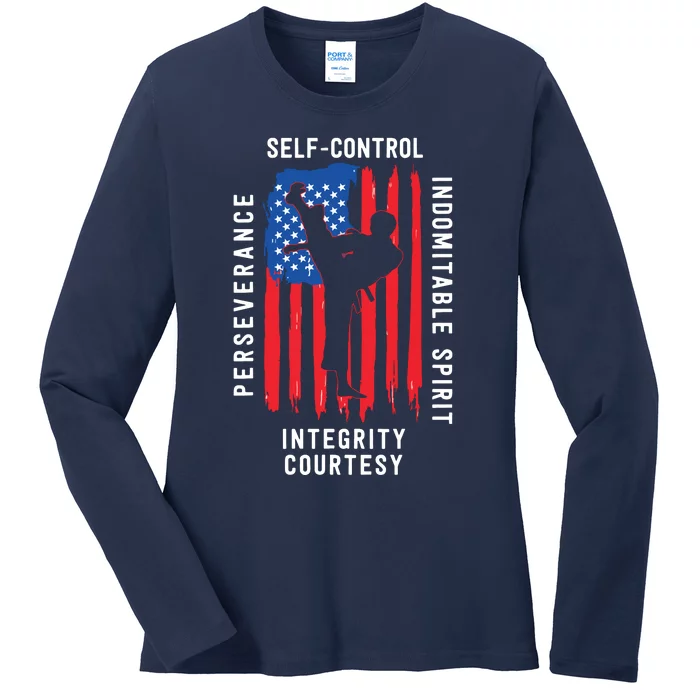 Cool American Flag Taekwondo Gift | Tae Kwon Do Martial Arts Ladies Long Sleeve Shirt