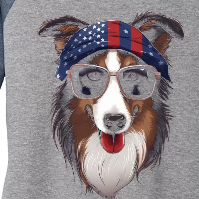 Collie American Flag USA Tee 4th July Gifts Graphic Tees Women's Tri-Blend 3/4-Sleeve Raglan Shirt