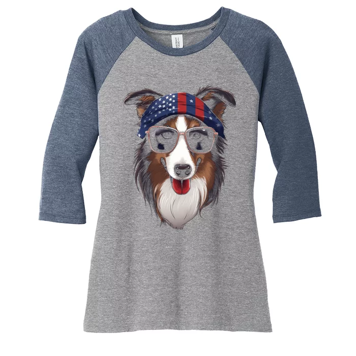 Collie American Flag USA Tee 4th July Gifts Graphic Tees Women's Tri-Blend 3/4-Sleeve Raglan Shirt