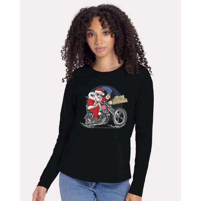 Cool American Flag Motorcycle Santa Claus Womens Cotton Relaxed Long Sleeve T-Shirt