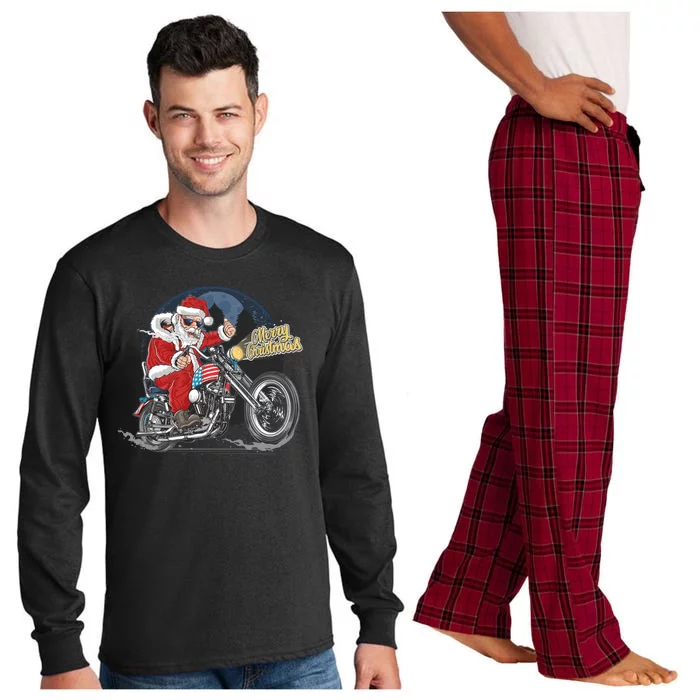 Cool American Flag Motorcycle Santa Claus Long Sleeve Pajama Set