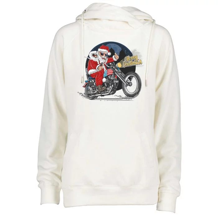 Cool American Flag Motorcycle Santa Claus Womens Funnel Neck Pullover Hood