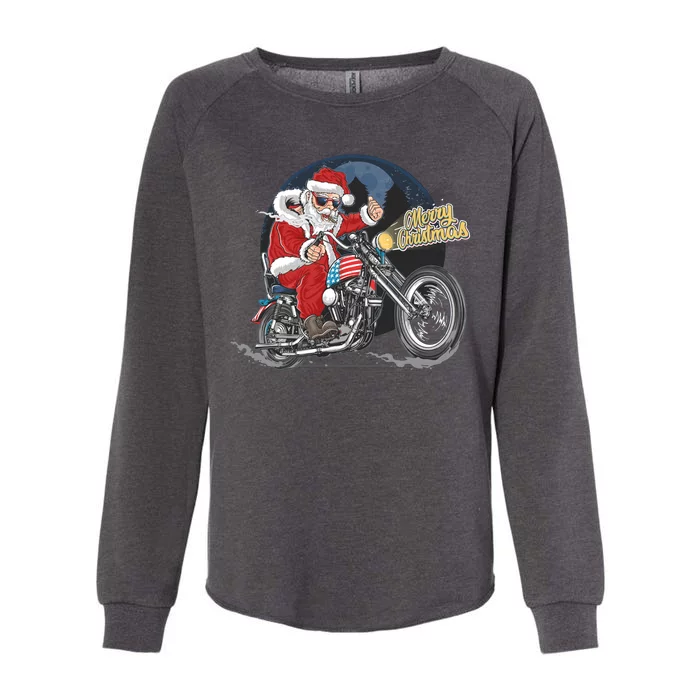 Cool American Flag Motorcycle Santa Claus Womens California Wash Sweatshirt