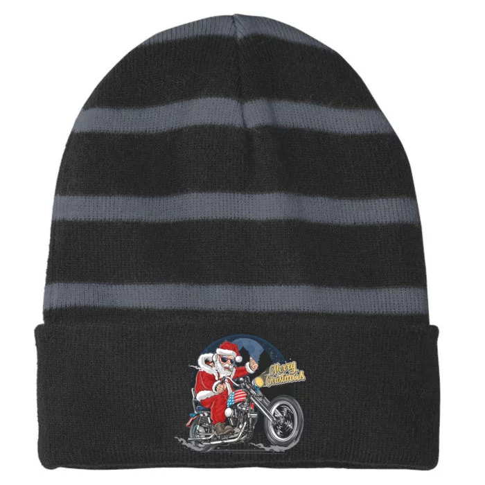 Cool American Flag Motorcycle Santa Claus Striped Beanie with Solid Band