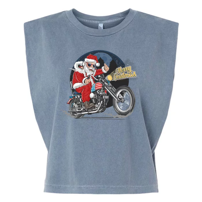 Cool American Flag Motorcycle Santa Claus Garment-Dyed Women's Muscle Tee