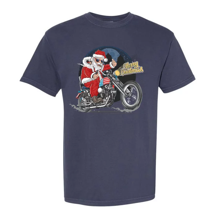 Cool American Flag Motorcycle Santa Claus Garment-Dyed Heavyweight T-Shirt