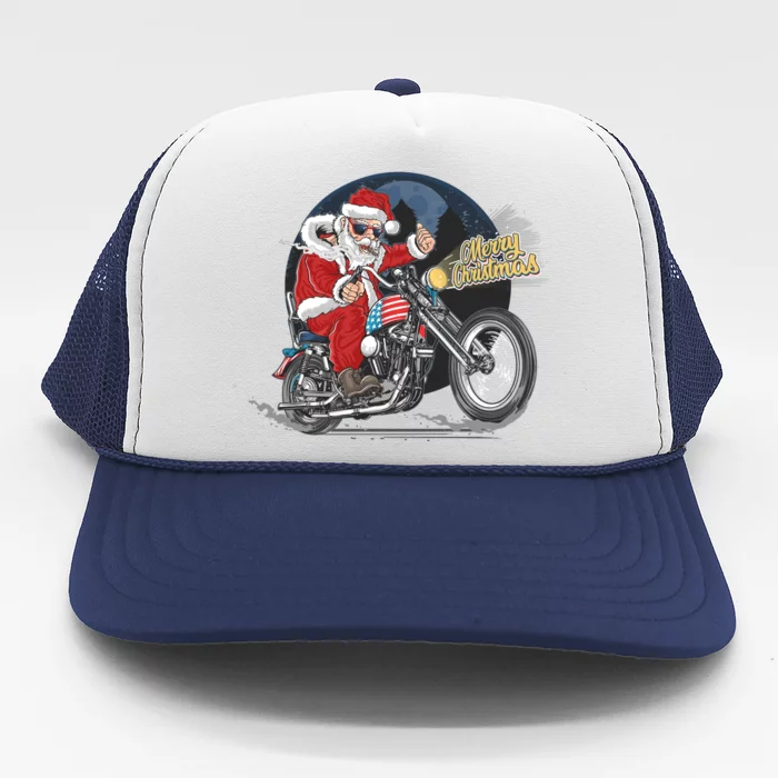 Cool American Flag Motorcycle Santa Claus Trucker Hat