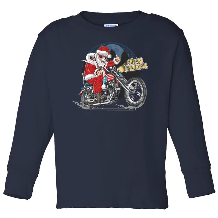 Cool American Flag Motorcycle Santa Claus Toddler Long Sleeve Shirt