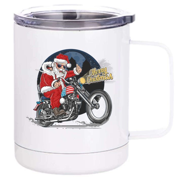 Cool American Flag Motorcycle Santa Claus Front & Back 12oz Stainless Steel Tumbler Cup