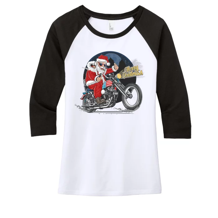 Cool American Flag Motorcycle Santa Claus Women's Tri-Blend 3/4-Sleeve Raglan Shirt