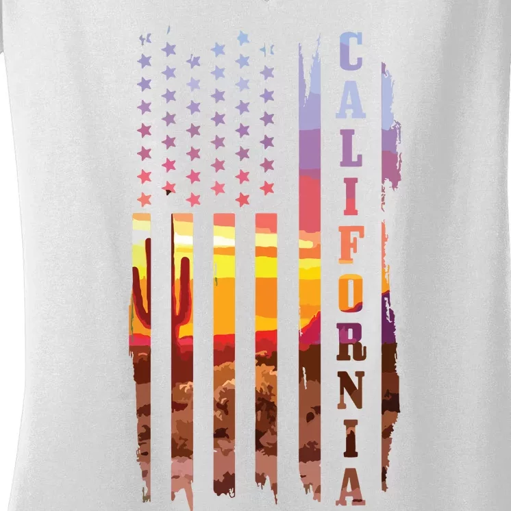 California American Flag Usa Pride Cactus Patriotic Gift Women's V-Neck T-Shirt