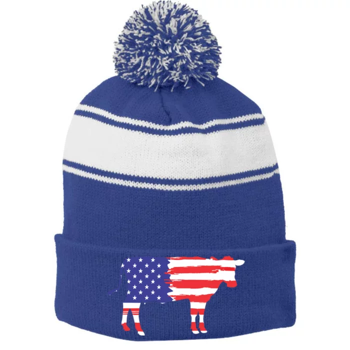 Cow American Flag Animal Cow Lover Graphic Gift Stripe Pom Pom Beanie