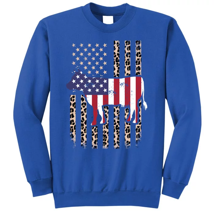 Cow American Flag Usa Leopard Print Cattle Cow 4th Of July Meaningful Gift Tall Sweatshirt