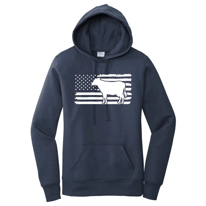 Cow American Flag With Cow Vintage Look Patriotic Famer Gift Women's Pullover Hoodie