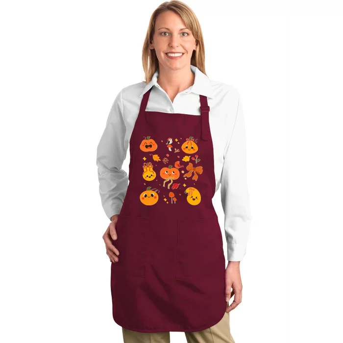 Cute Autumn Fall Pumpkins Ribbons Bows Full-Length Apron With Pocket