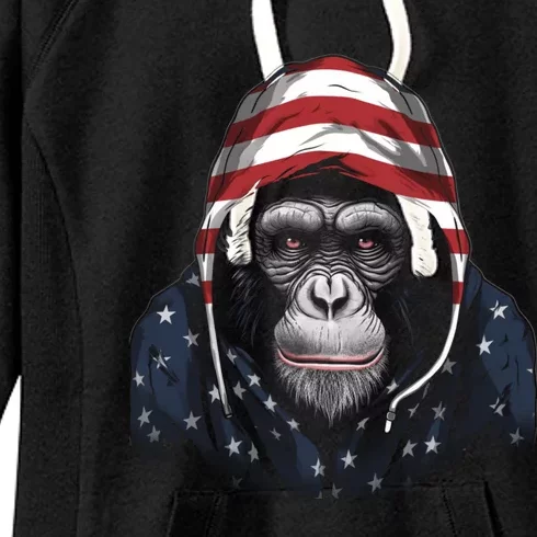 Chimpanzee American Flag USA Tee 4th July Gifts Graphic Tees Women's Fleece Hoodie